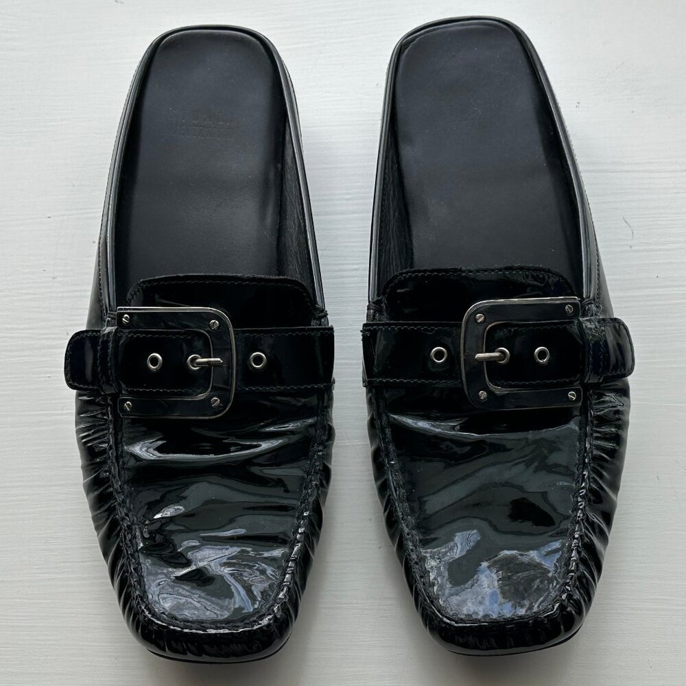 Stuart Weitzman Black patent loafer with buckle, made in Spain, 8½ WIDE